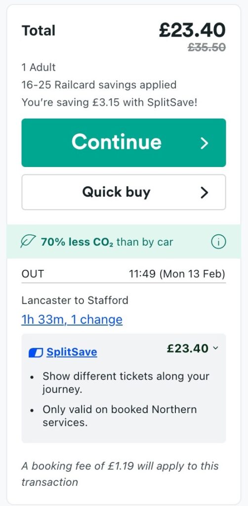 Screenshot from the trainline site showing the savings when using a railcard