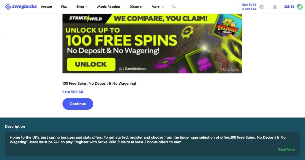 StrikeWild offer on Swagbucks